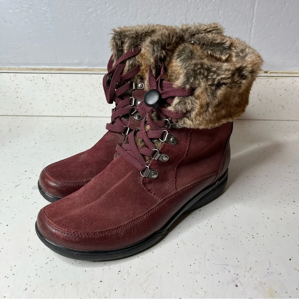 Clark’s Kearns Ramsey Boots Women’s 9.5M Burgundy Leather Faux Fur Lace Up Warm